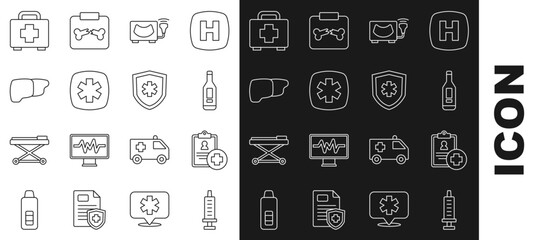 Set line Syringe, Patient record, Digital thermometer, Ultrasound, Emergency - Star of Life, Human organ liver, First aid kit and insurance icon. Vector