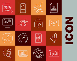 Set line Browser with stocks market, Sales funnel chart, Stocks growth graphs, Project team base, Pie infographic, Document and Board icon. Vector