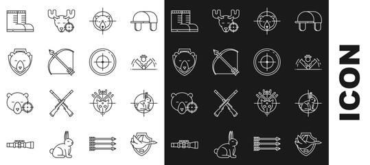 Set line Flying duck on shield, Hunt rabbit with crosshairs, Trap hunting, bear, Bow and arrow quiver, Bear head, Hunter boots and Target sport for shooting competition icon. Vector
