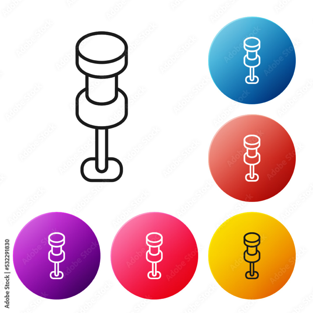 Poster Black line Push pin icon isolated on white background. Thumbtacks sign. Set icons colorful circle buttons. Vector