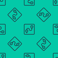Blue line Route location icon isolated seamless pattern on green background. Map pointer sign. Concept of path or road. GPS navigator. Vector