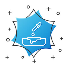 White line Petri dish with pipette icon isolated on white background. Blue hexagon button. Vector