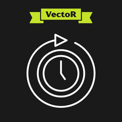 White line Clock with arrow icon isolated on black background. Time symbol. Clockwise rotation icon arrow and time. Vector
