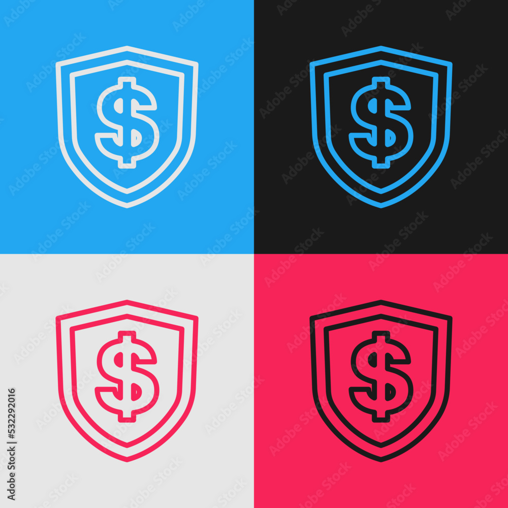 Poster pop art line shield with dollar symbol icon isolated on color background. security shield protection