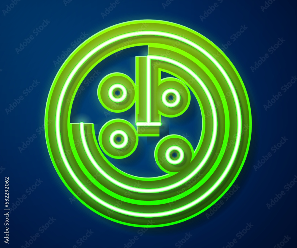 Poster glowing neon line radar with targets on monitor in searching icon isolated on blue background. searc