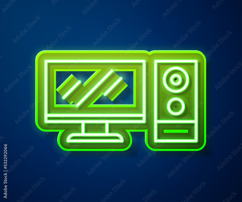 Poster glowing neon line computer monitor icon isolated on blue background. pc component sign. vector