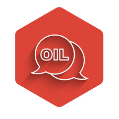 White line Word oil icon isolated with long shadow background. Red hexagon button. Vector