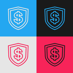 Pop art line Shield with dollar symbol icon isolated on color background. Security shield protection. Money security concept. Vector