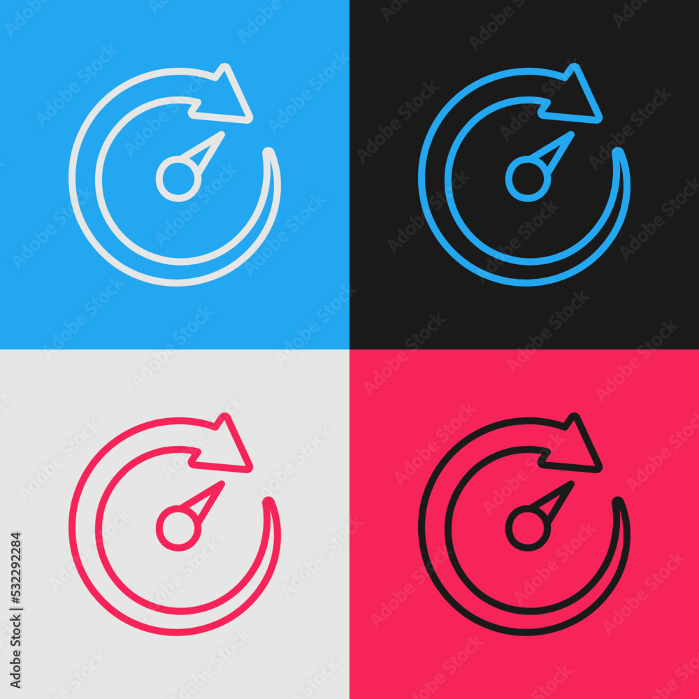 Poster pop art line digital speed meter icon isolated on color background. global network high speed connec
