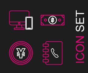 Set line Address book, Coin money with Yen symbol, Stacks paper cash and Computer monitor and mobile phone icon. Vector