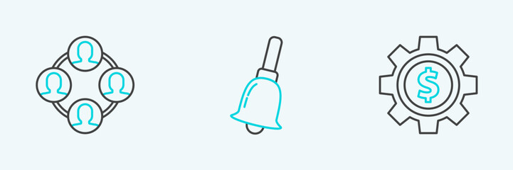 Set line Gear with dollar symbol, Project team base and Ringing bell icon. Vector