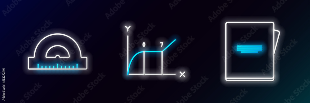 Poster set line notebook, protractor grid for measuring degrees and pie chart infographic icon. glowing neo