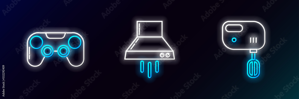 Wall mural set line electric mixer, gamepad and kitchen extractor fan icon. glowing neon. vector