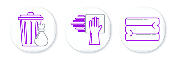Set line Towel stack, Trash can and garbage bag and Cleaning service icon. Vector