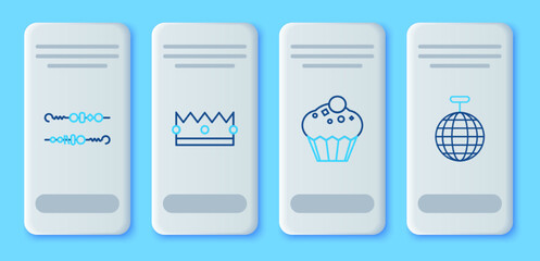 Set line Crown, Muffin, Grilled shish kebab and Disco ball icon. Vector