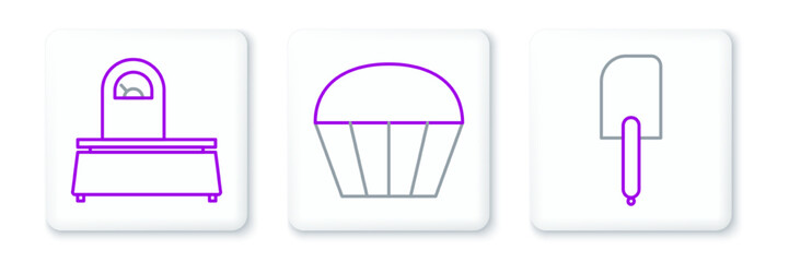 Set line Spatula, Scales and Muffin icon. Vector