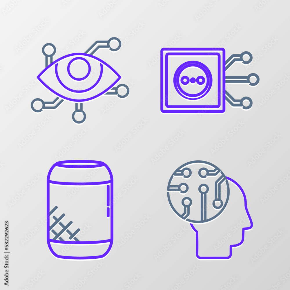 Poster set line human brain as digital circuit board, voice assistant, remote control and virtual reality i