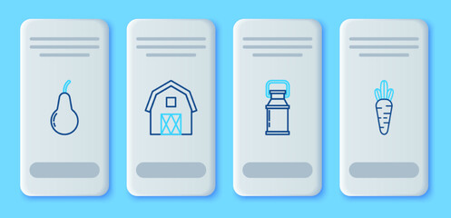 Set line Farm House concept, Can container for milk, Pear and Carrot icon. Vector