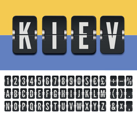 Airline flip board alphabet to display departure information and timetable. Black airport terminal mechanical scoreboard light font for flight destination in Kiev, Ukraine. Vector illustration