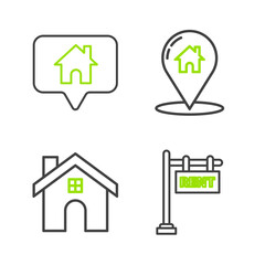 Set line Hanging sign with text Rent, House, Map pointer house and icon. Vector