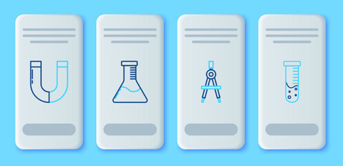 Set line Test tube and flask chemical laboratory, Drawing compass, Magnet and icon. Vector