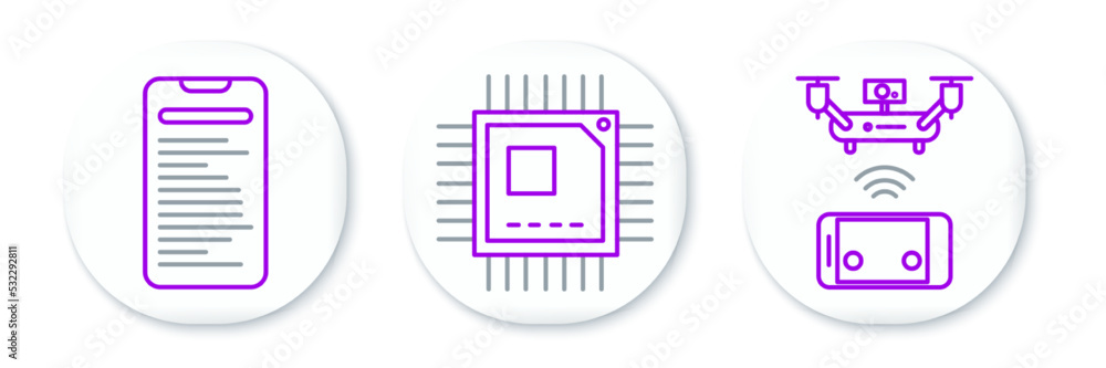 Poster set line remote aerial drone, computer api interface and processor with microcircuits cpu icon. vect