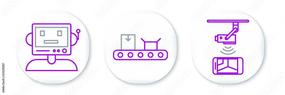 Poster set line wireless controlling cctv security camera, robot and conveyor belt with cardboard box icon.