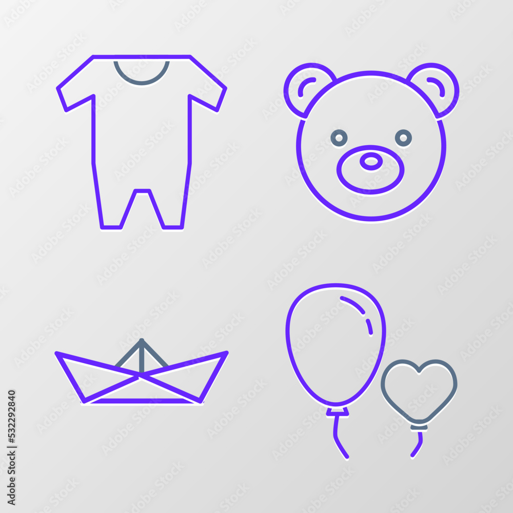 Poster Set line Balloons in form of heart, Folded paper boat, Teddy bear plush toy and Baby clothes icon. Vector