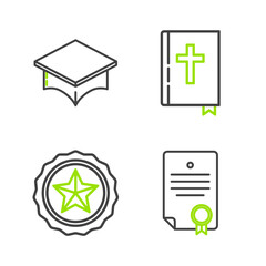 Set line Certificate template, Police badge, Holy bible book and Graduation cap icon. Vector