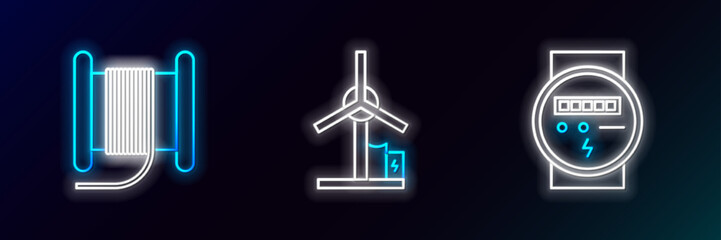 Set line Electric meter, Wire electric cable on a reel or drum and Wind turbine icon. Glowing neon. Vector