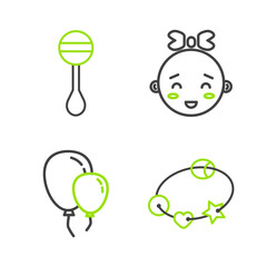 Set line Rattle baby toy, Balloons with ribbon, Happy little girl head and icon. Vector