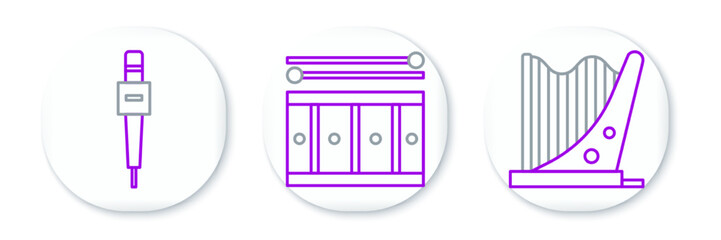 Set line Harp, Microphone and Drum with drum sticks icon. Vector