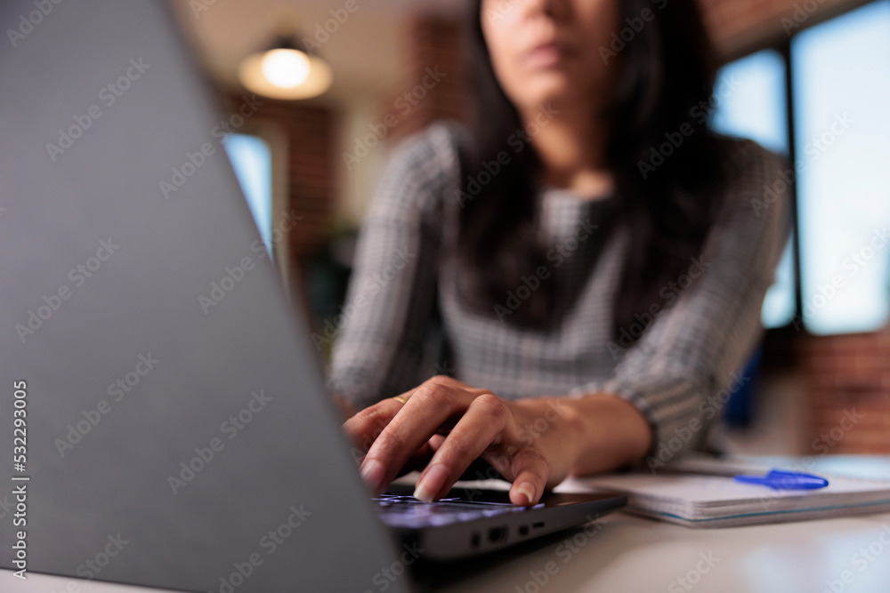 Poster business woman working on report at home, typing research information on laptop and browsing interne