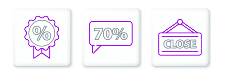 Set line Hanging sign with Closed, Discount percent tag and Seventy discount icon. Vector