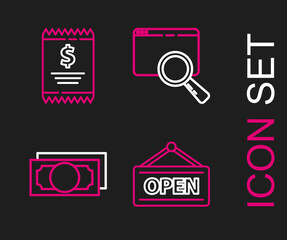 Set line Hanging sign with Open, Stacks paper money cash, Search browser window and Paper check and financial check icon. Vector
