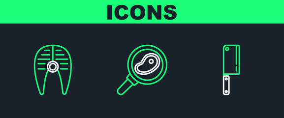 Set line Meat chopper, Fish steak and Steak meat in frying pan icon. Vector