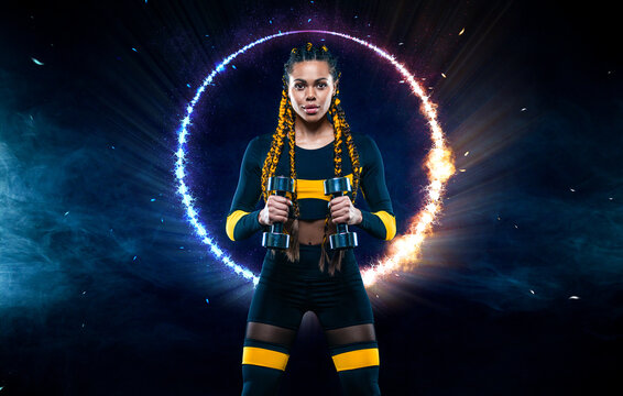 Fitness model athlete. African american woman bodybuilder. Muscular young fitness sports woman workout with dumbbells in fitness gym. - Powered by Adobe