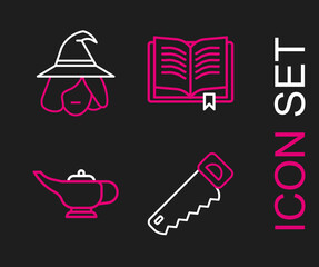 Set line Hand saw, Magic lamp or Aladdin, Ancient magic book and Witch icon. Vector