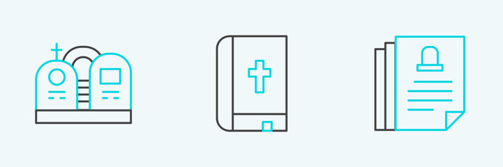 Obraz premium Set line Death certificate, Grave with tombstone and Holy bible book icon. Vector