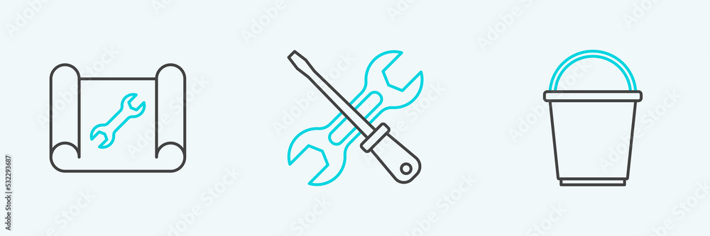 Poster set line bucket, graphing paper and wrench and screwdriver icon. vector