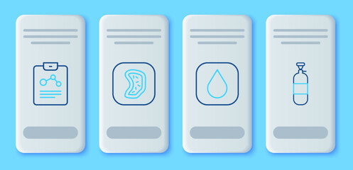 Set line Bacteria, Water drop, Chemistry report and Propane gas tank icon. Vector