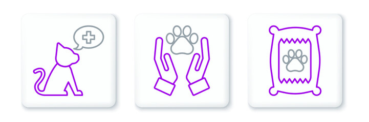 Set line Bag of food for dog, Veterinary clinic symbol and Hands with animals footprint icon. Vector