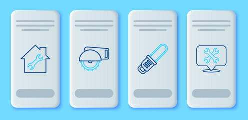 Set line Electric circular saw, Chainsaw, House repair and Location with wrench icon. Vector