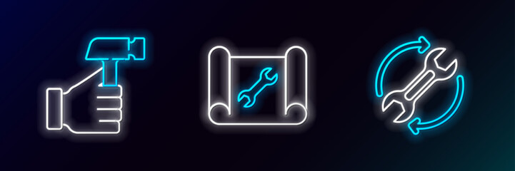 Set line Wrench and arrows as workflow, Hammer and Graphing paper wrench icon. Glowing neon. Vector