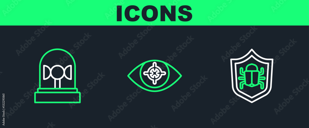 Aufkleber set line system bug, flasher siren and eye scan icon. vector