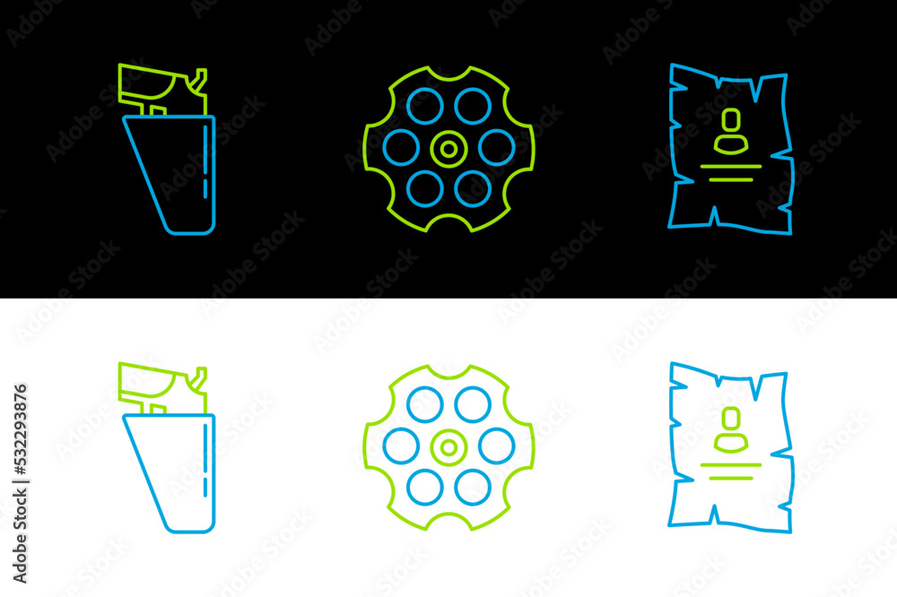 Canvas Prints set line wanted western poster, revolver gun in holster and cylinder icon. vector