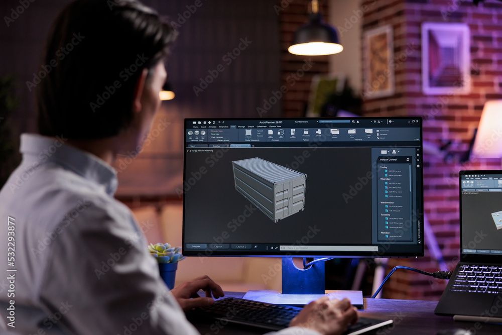 Poster asian engineer manufacturing industrial product on cad engineering software, developing advanced eng