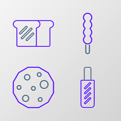 Set line Hotdog sandwich, Cookie or biscuit, Lollipop and Bread toast icon. Vector