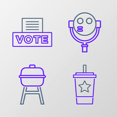 Set line Paper glass with straw, Barbecue grill, Tourist binoculars and Vote box icon. Vector