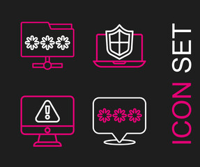 Set line Password protection, Monitor with exclamation mark, Laptop protected shield and Folder password icon. Vector